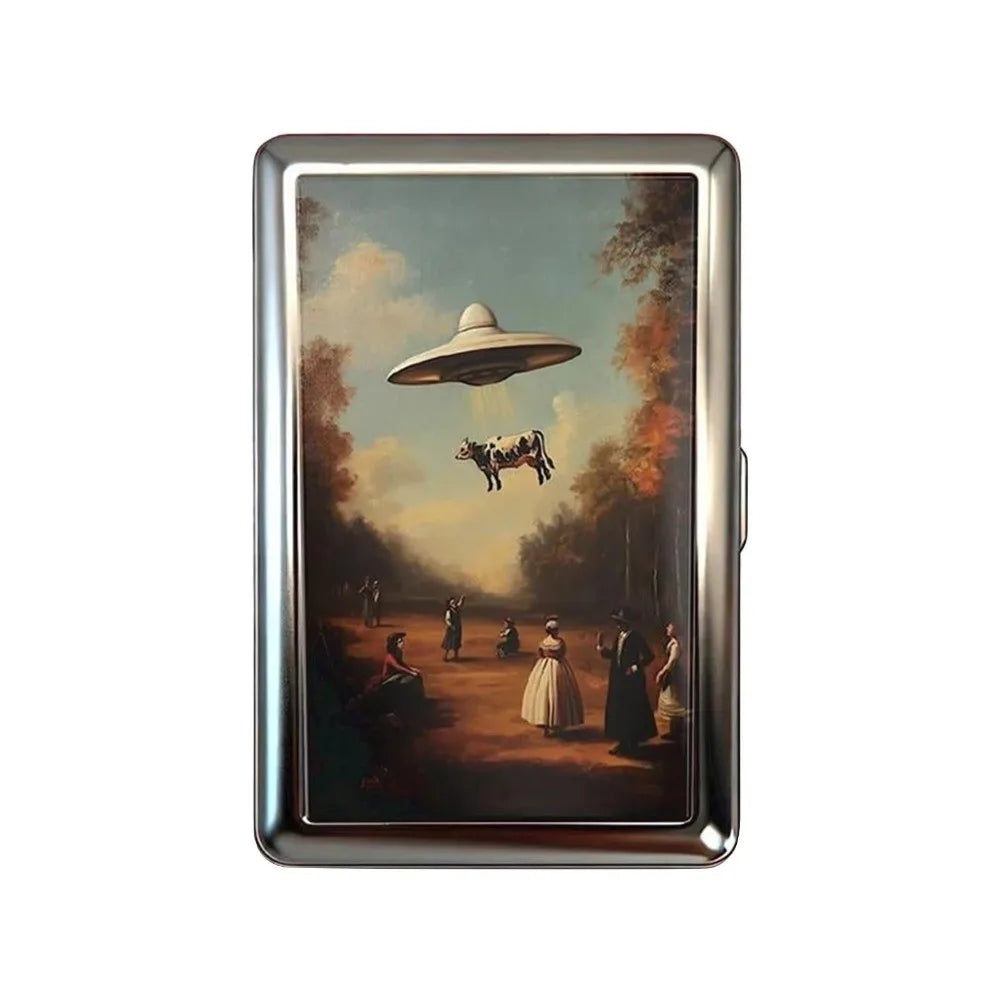 Slim Stainless Steel Wallet – Surreal UFO Cow Abduction Design, Card & Cash Holder, Unisex Gift