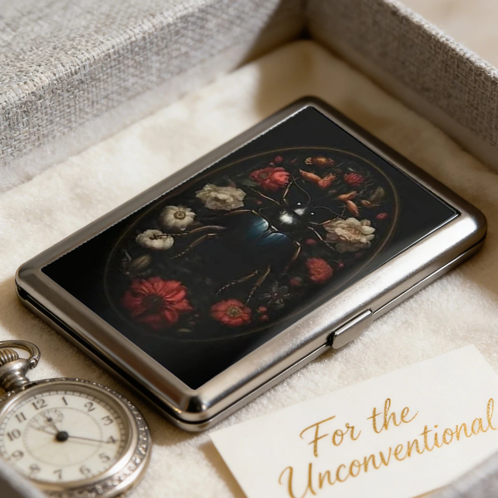 Slim Stainless Steel Wallet – Vintage Beetle & Floral Design, Card & Cash Holder, Unisex Gift
