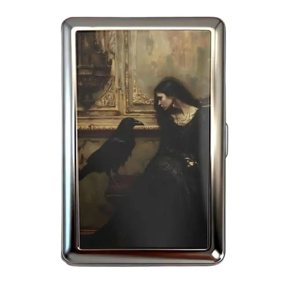 Slim Stainless Steel Wallet – Gothic Woman & Raven Painting Design, Card & Cash Holder, Unisex Gift