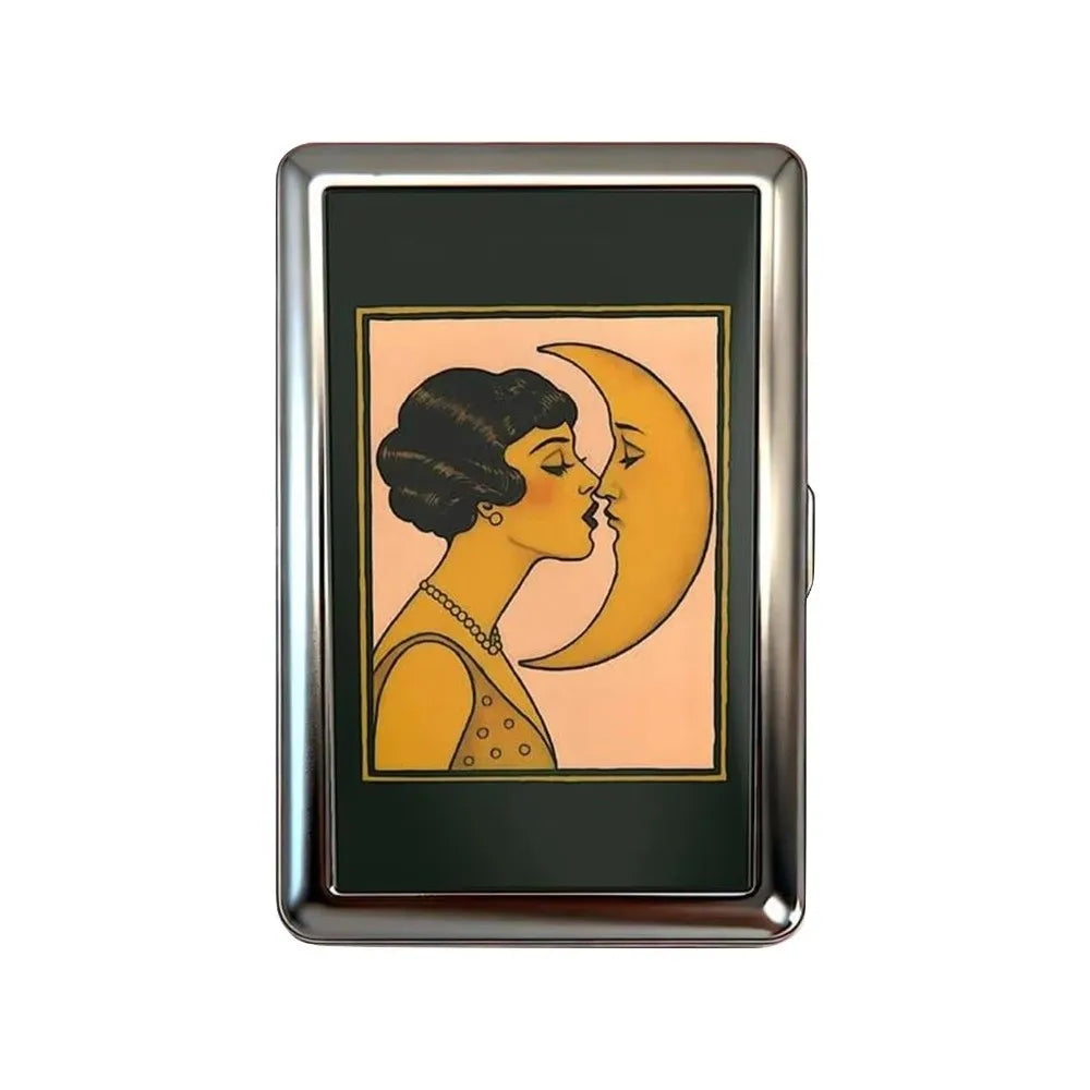Slim Stainless Steel Wallet – Art Deco Woman & Moon Design, Card & Cash Holder, Unisex Gift