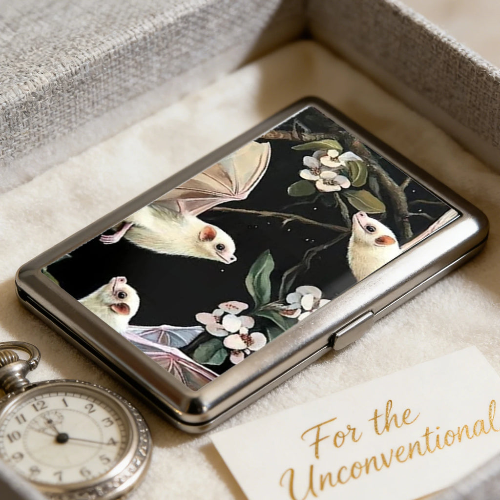 Slim Stainless Steel Wallet – White Bats & Botanical Design, Card & Cash Holder, Unisex Gift