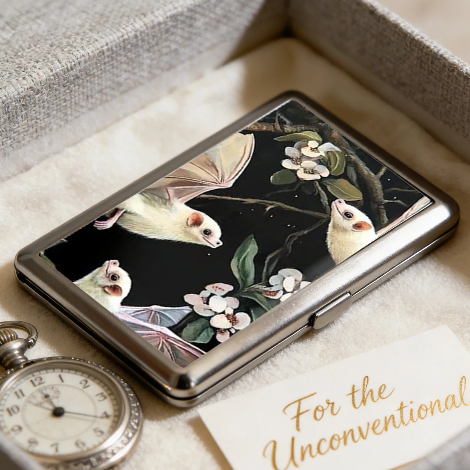 Slim Stainless Steel Wallet – White Bats & Botanical Design, Card & Cash Holder, Unisex Gift