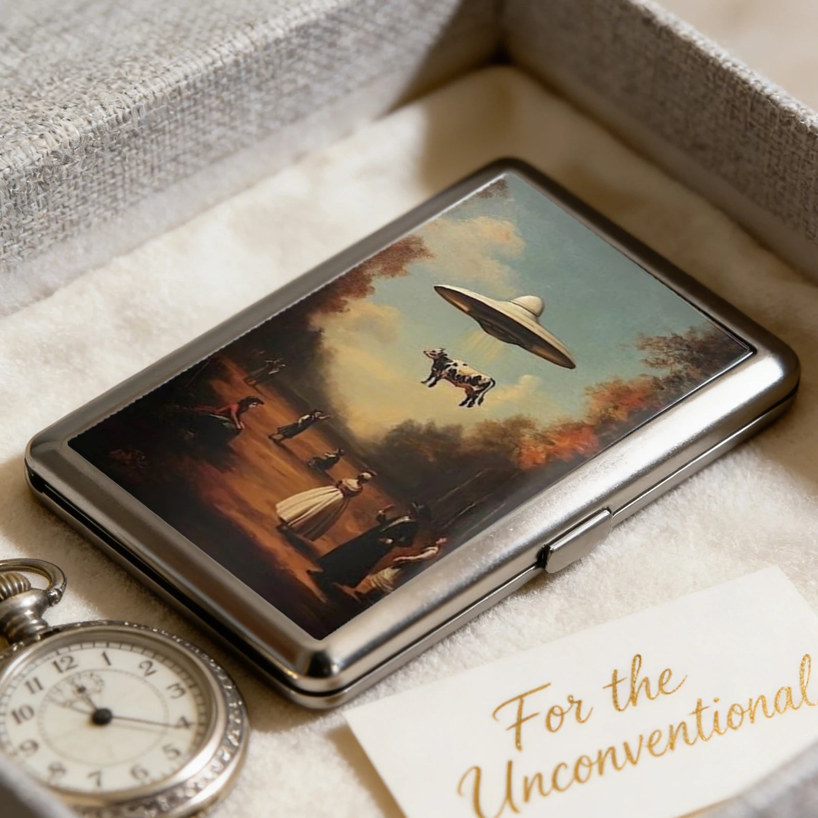 Slim Stainless Steel Wallet – Surreal UFO Cow Abduction Design, Card & Cash Holder, Unisex Gift