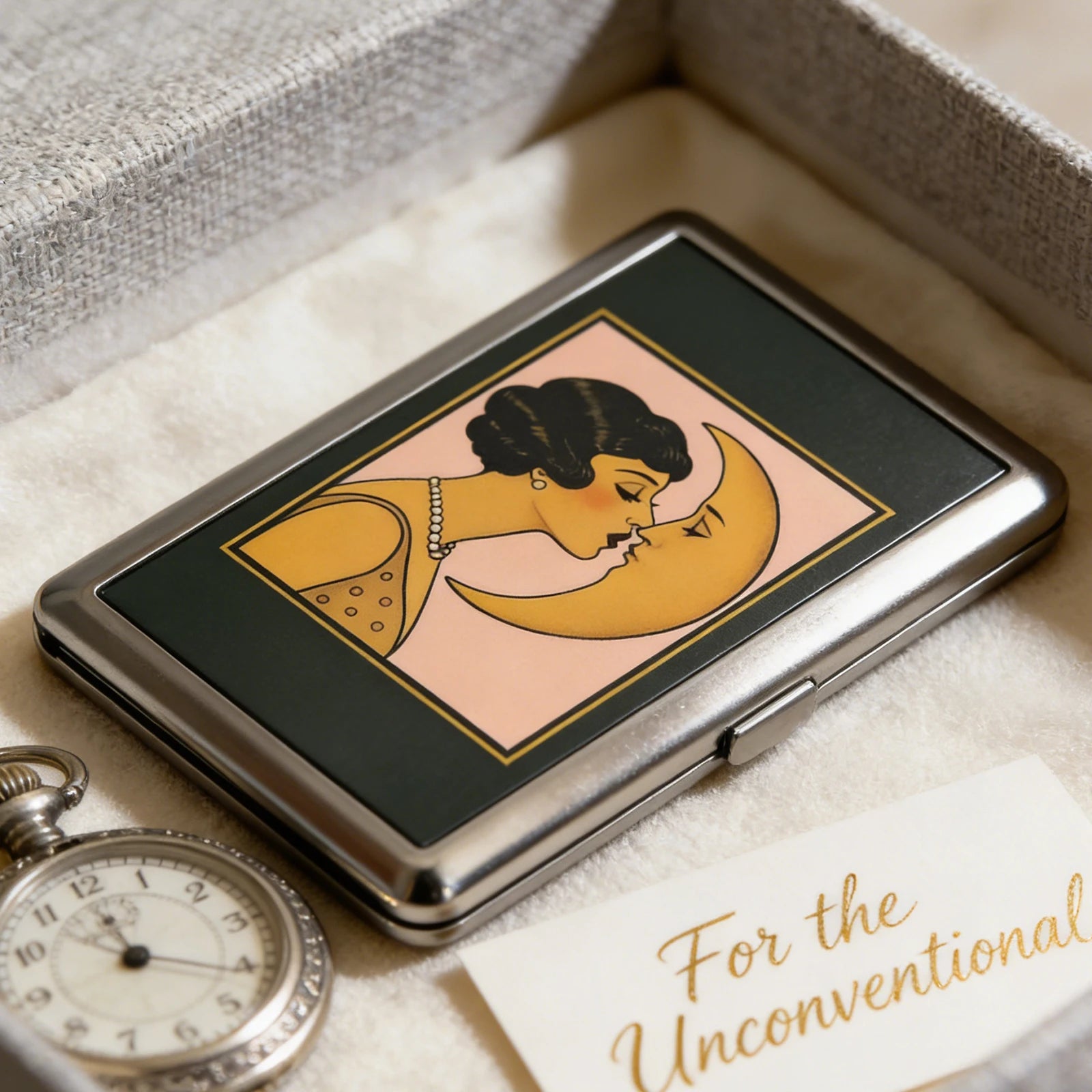 Slim Stainless Steel Wallet – Art Deco Woman & Moon Design, Card & Cash Holder, Unisex Gift