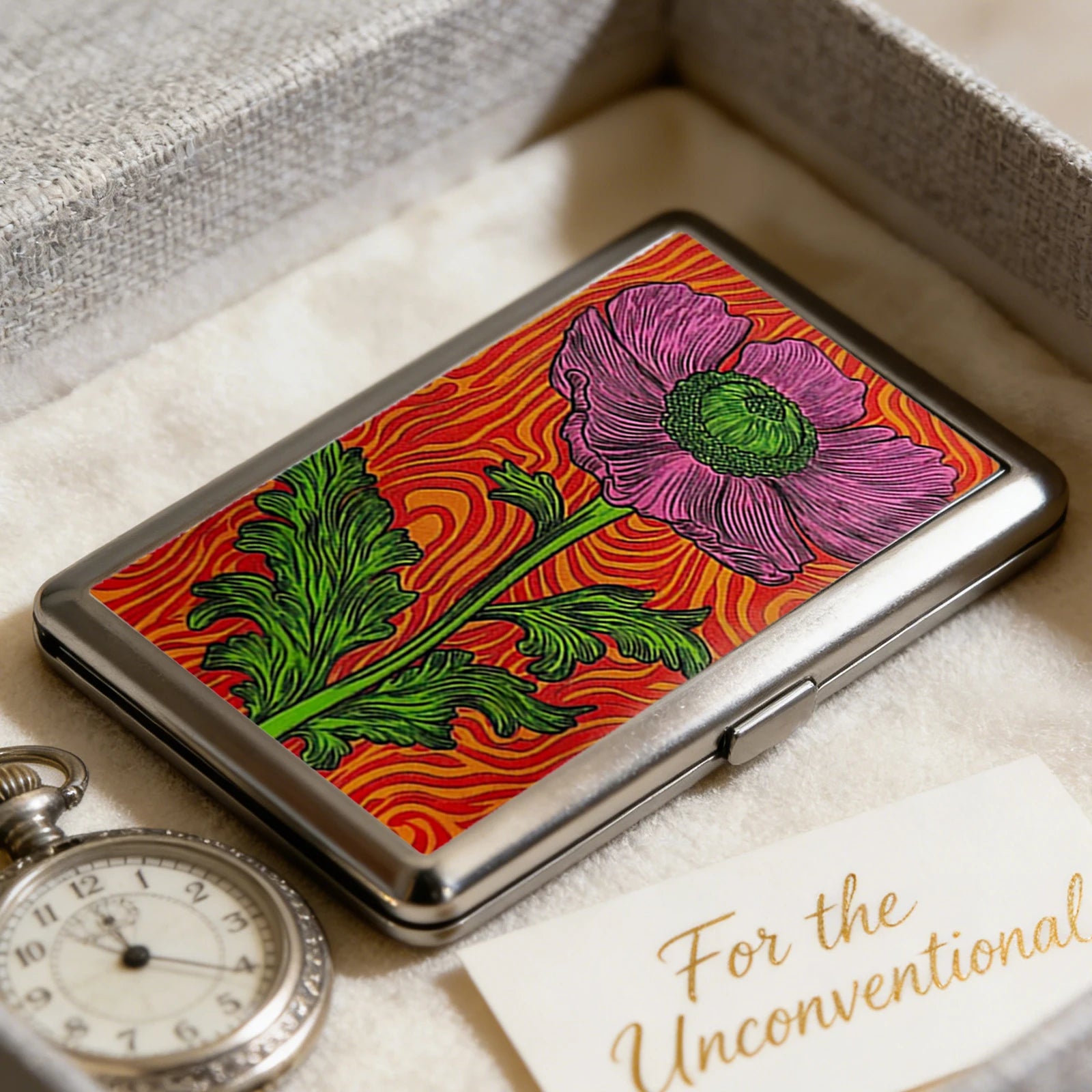 Slim Stainless Steel Wallet – Retro Groovy Flower Design, Card & Cash Holder, Unisex Gift