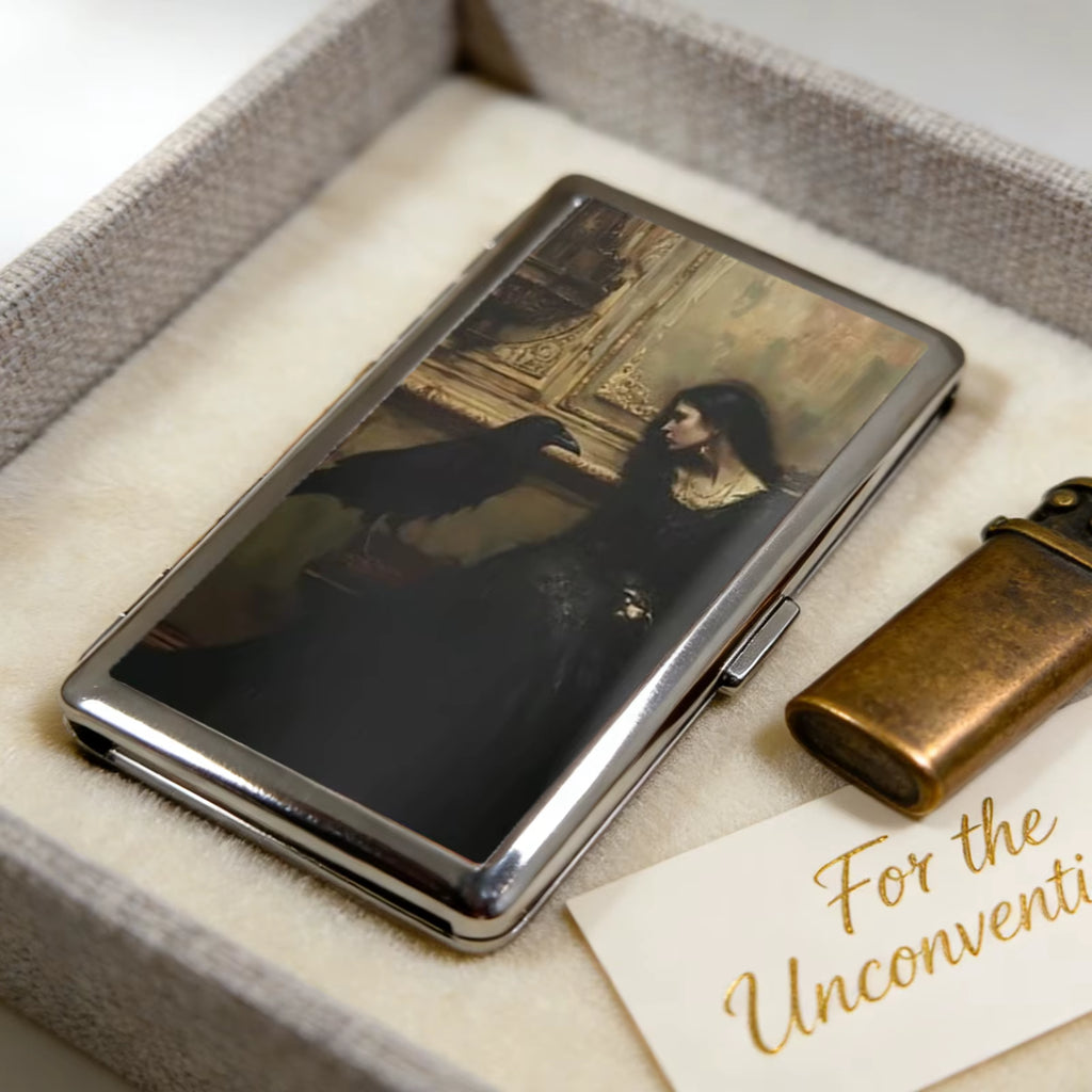 Slim Stainless Steel Wallet – Gothic Woman & Raven Painting Design, Card & Cash Holder, Unisex Gift