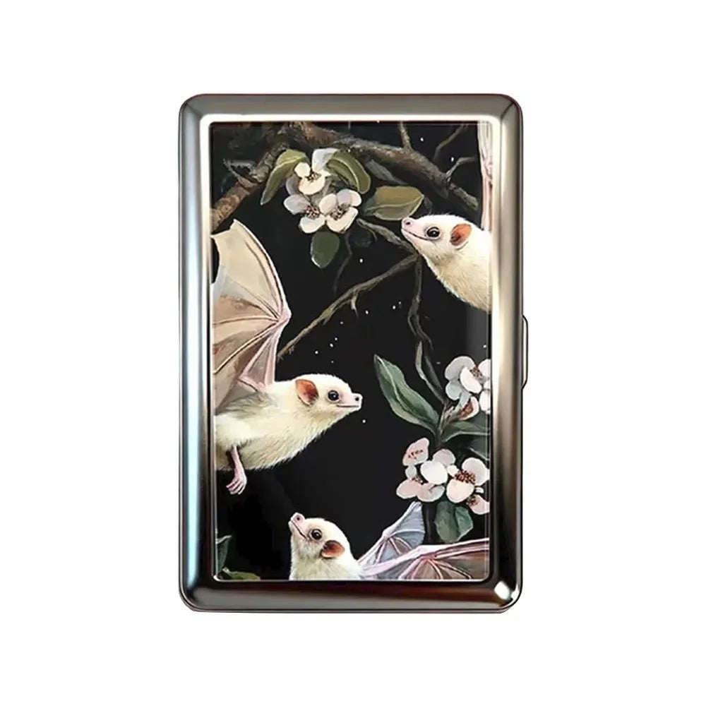 Slim Stainless Steel Wallet – White Bats & Botanical Design, Card & Cash Holder, Unisex Gift