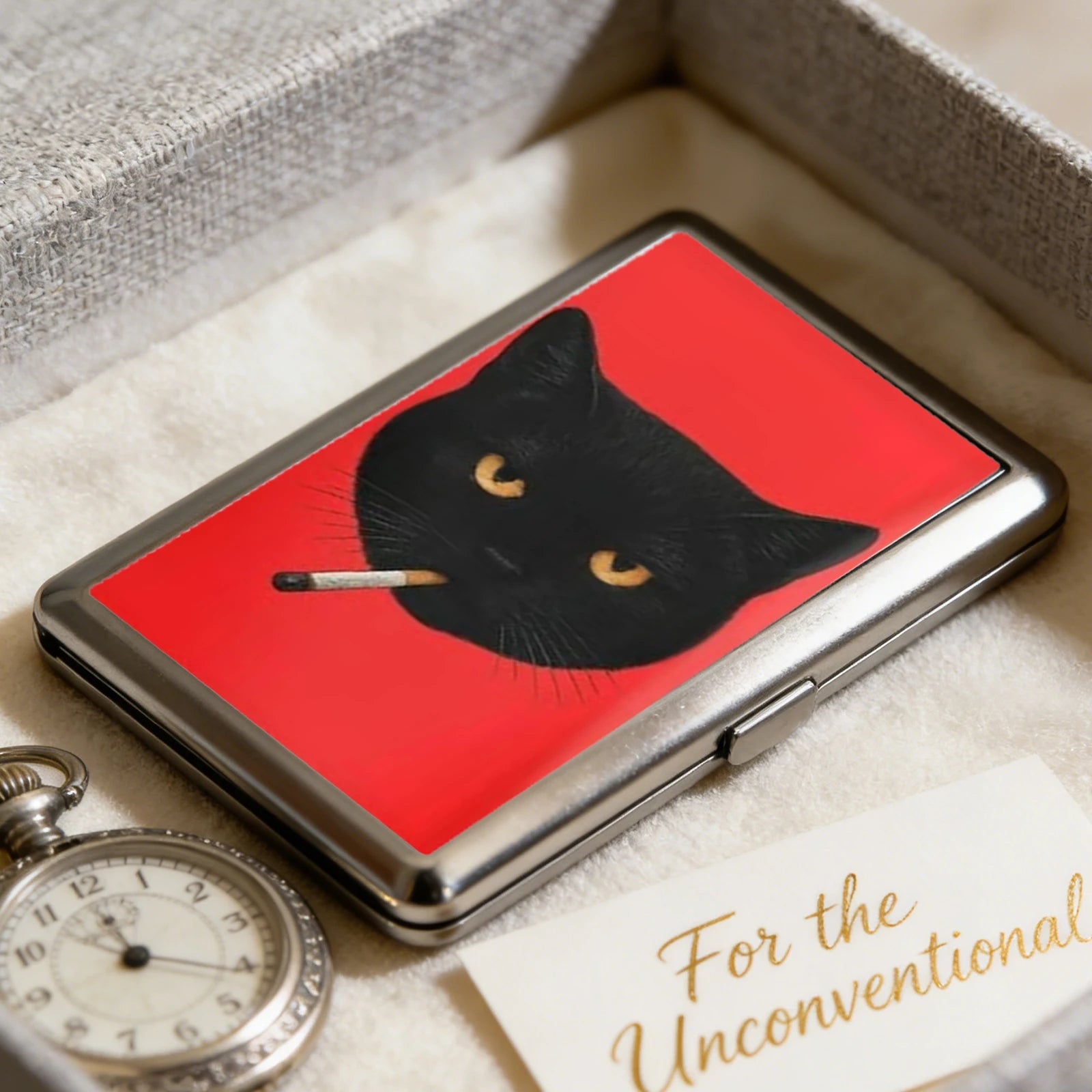 Slim Stainless Steel Wallet – Black Cat Graphic, Card & Cash Holder, Unisex Gift
